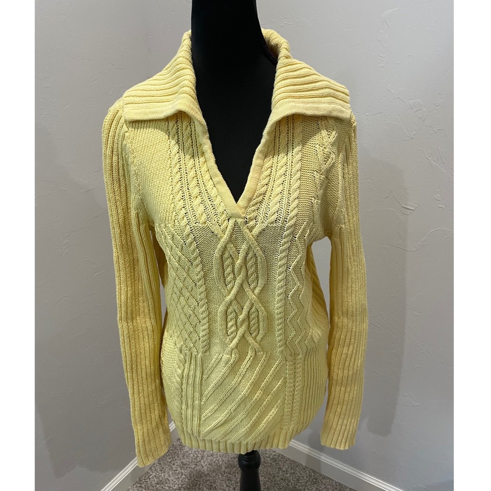 Liz Claiborne Yellow Cable Knit V-Neck Sweater Wide Collar Medium
